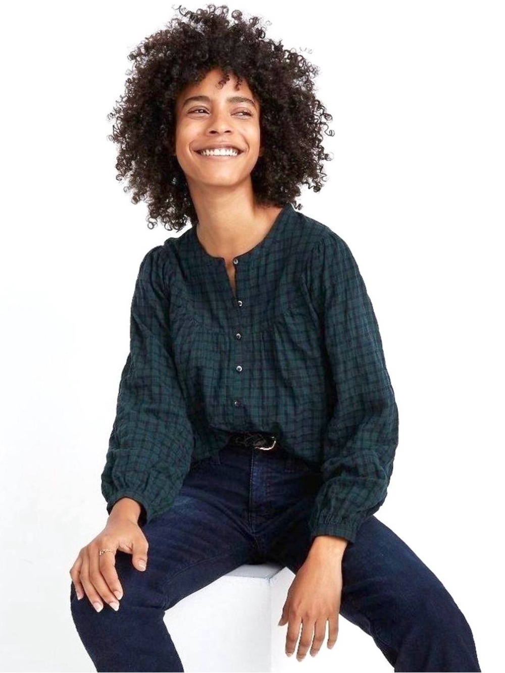 Madewell Long-Sleeve Blouse Plaid Dark Green with Button-Front Detail